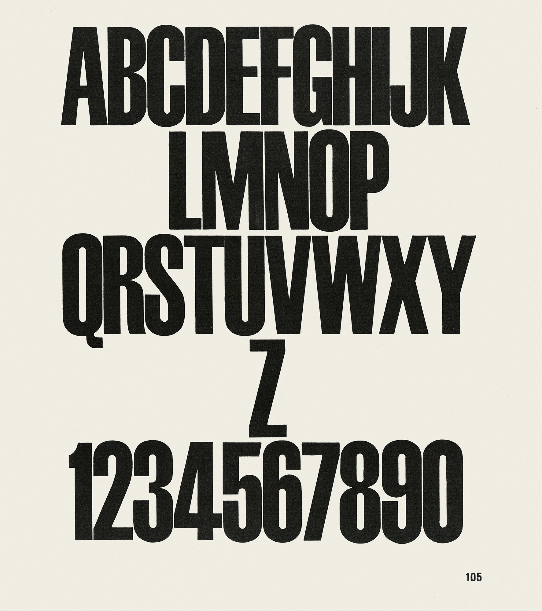Walter F. Haettenschweiler, Schmalfette Grotesk, 1954, Schriftmuster, Lettera 1, S. 105